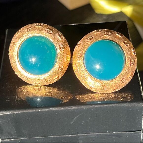 Chanel Vintage Gold Plated and Teal Earrings - Picture 1 of 8